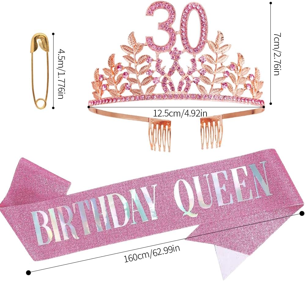 Birthday Sash Tiara Birthday Tiara Rhinestone Crown Rose Gold Birthday Queen Tiara Sash and Tiara for Women Birthday Decor Princess Tiara Cake Topper Crystals Hair Accessories for Party