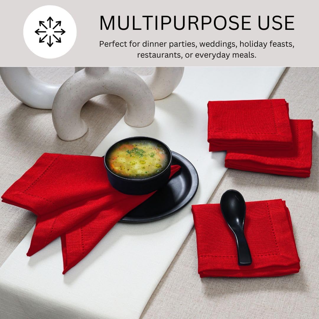 Hemstitch Cloth Dinner Napkins 100% Cotton Set of 12 - for Dining Special Occasions Weddings Parties Holidays Easter - Soft Durable Reusable - Elegant 18x18 Inch Table Cloth Napkins Red