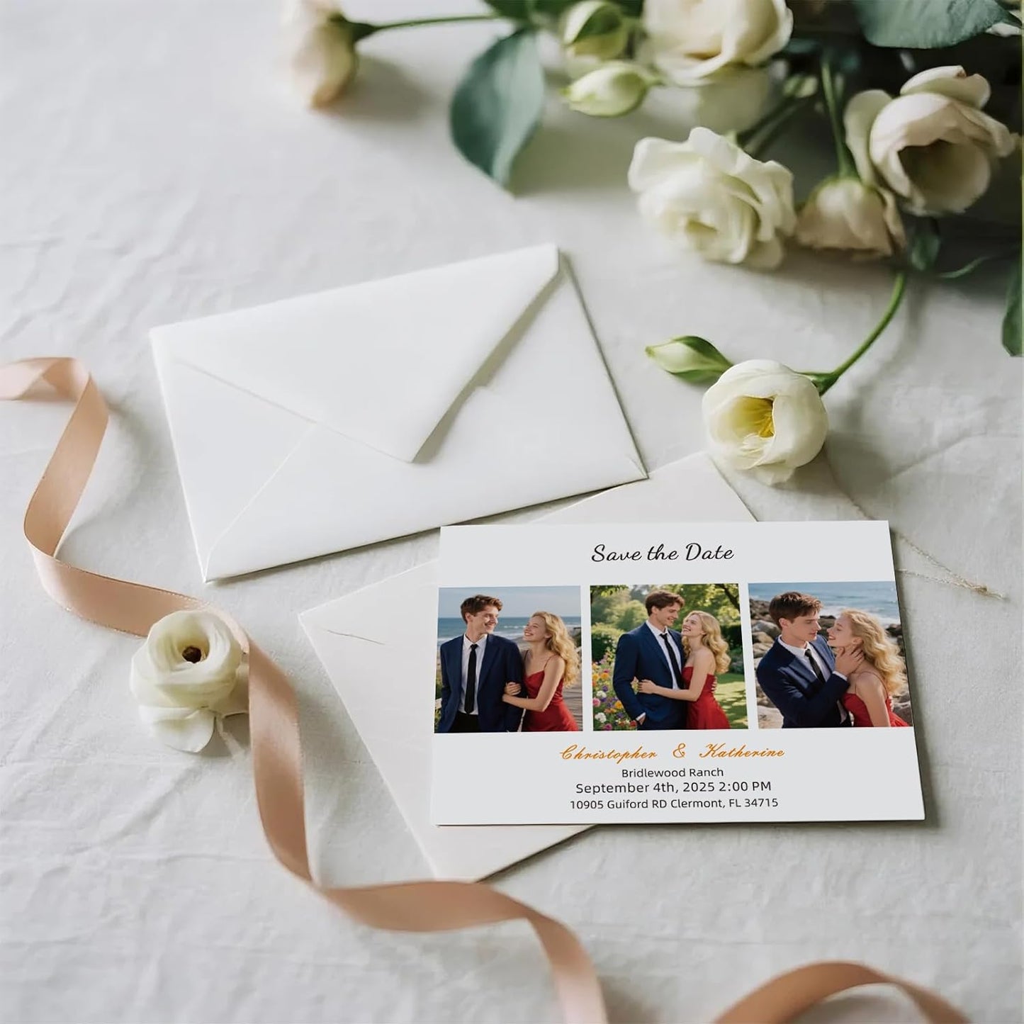 Personalized Save the Date Wedding Invitation Card with Photo 4x6inch 350GSM Papers and Envelopes, Custom Thank You card for Weddings, Birthdays and Parties, 50pcs or more (Horizontal with 3 Photos)