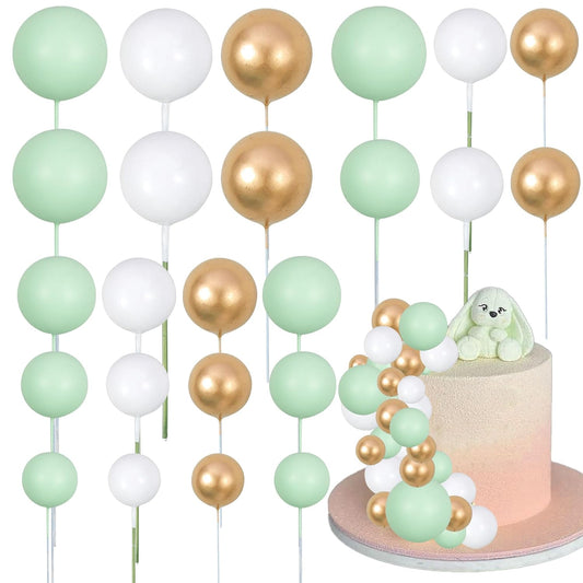 Gyufise 30Pcs Balls Cake Topper Mini Balloons Cupcake Topper DIY Cake Insert Topper Foam Cake Balls Baking Decoration for Wedding Anniversary Valentines Day Birthday Party Green Gold White