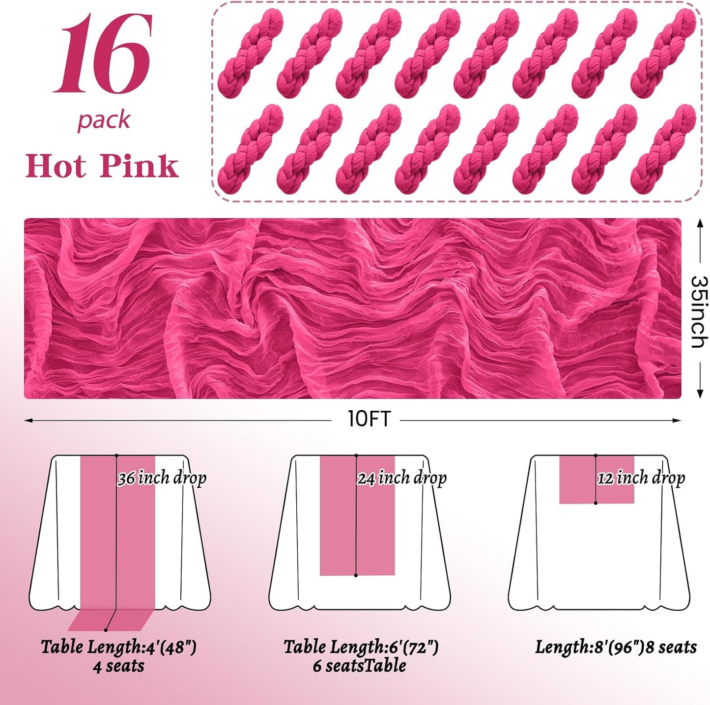 16Pack Hot Pink Table Runner 10FT Cheesecloth Table Runner 35x120Inch Long Boho Cheese Cloth Table Runners Rustic Gauze Table Runners for Party Wedding Bridal Shower Baby Shower Decorations