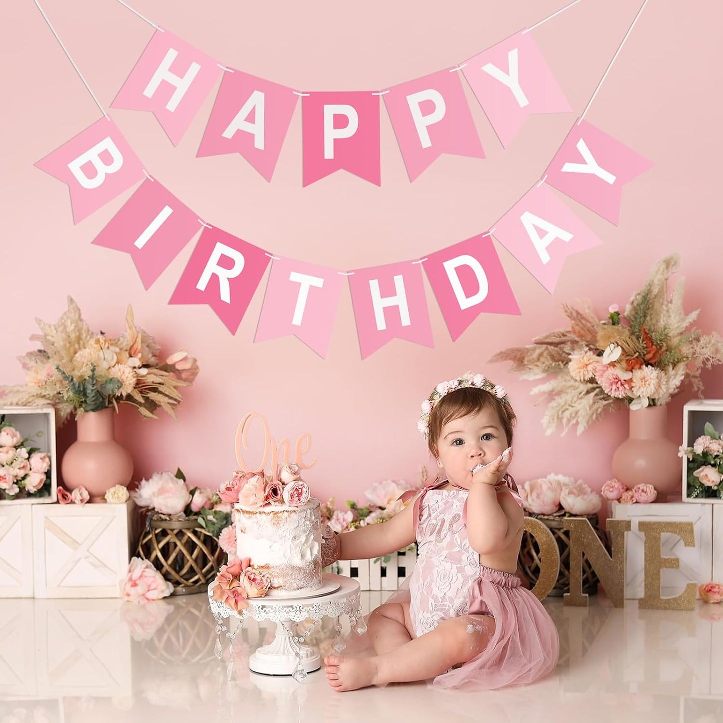 Pink Happy Birthday Banner Birthday Party Banner NO DIY Happy Birthday Sign Pre-Strung Birthday Hanging Decoration for Women Men Girl Boy Party Supplies (Pink)
