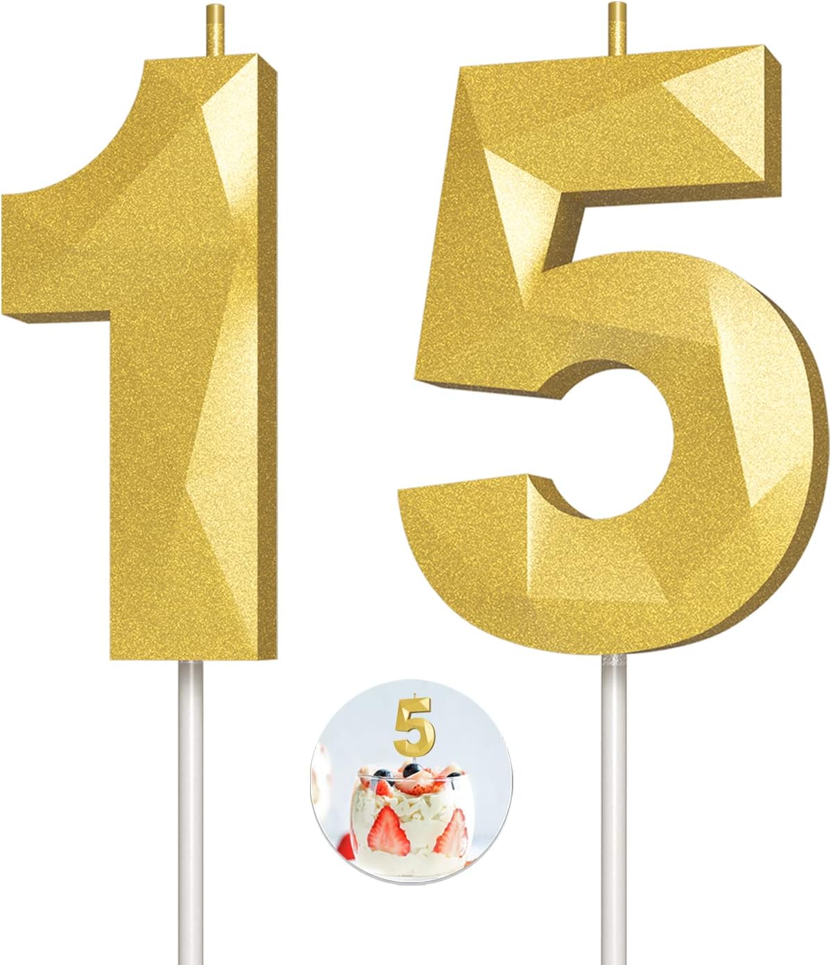 Number Birthday Candles(15 Candle Gold) 3D Diamond Shape Number Happy Birthday Cake Candles for Birthday Party Wedding Decoration Reunions Theme Party