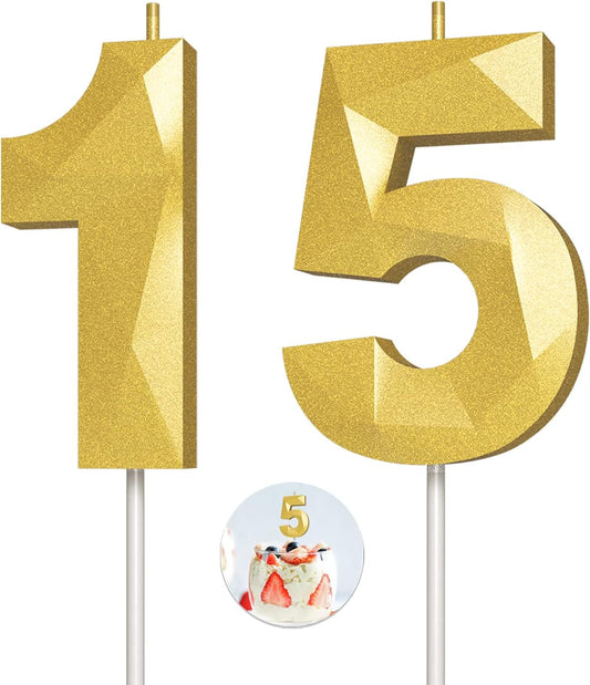 Number Birthday Candles(15 Candle Gold) 3D Diamond Shape Number Happy Birthday Cake Candles for Birthday Party Wedding Decoration Reunions Theme Party