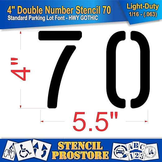 Pavement, Curb, and WheelStop Stencils - 4 inch Double Number Stencil - (70) - 4" x 5.5" x 1/16" (63 mil) - Light-Duty