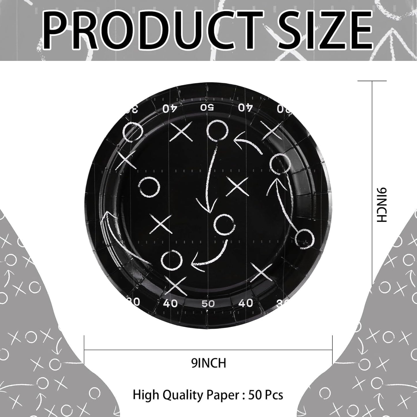 Grencian 50Pcs Black Football Party Plates 9" Heavy Duty Disposable Football Paper Plates for Sport theme Super Game Bowl Birthday Party Decorations Serve 50
