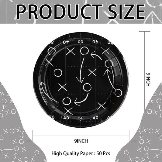 Grencian 50Pcs Black Football Party Plates 9" Heavy Duty Disposable Football Paper Plates for Sport theme Super Game Bowl Birthday Party Decorations Serve 50