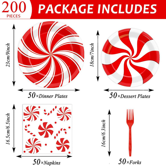 gisgfim 50 Guests Christmas Peppermint Candy Party Supplies Candy Mint Plates and Napkins Forks Xmas Tableware Red and White Striped Paper Plates for Holiday Party 200PCS