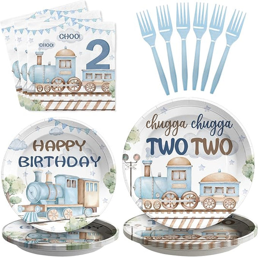 Grencian 96Pcs Chugga Chugga Two Two Birthday Party Decorations Watercolor Train 2nd Paper Plates Retro Blue Disposable Choo Choo I'm 2 Tableware Set for 2 Year Old Birthday Party Supplies, Serves 24