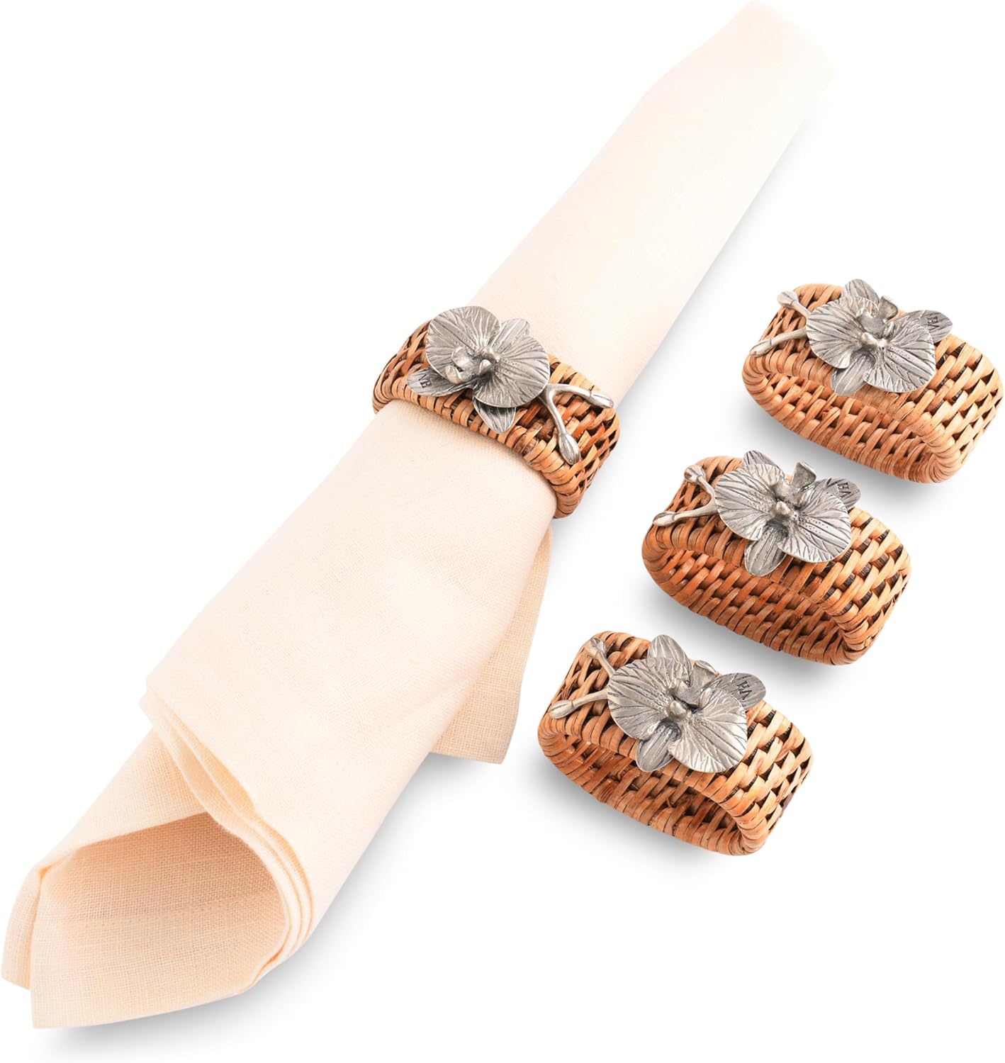 Vagabond House Natural Eco-Friendly Pewter Orchid on Rattan Napkin Rings - Designer Rattan Decor, House Naturals - Easy Care, Refined Tablescape Set of 4