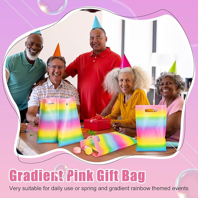 Epakh 100 Pcs Pastel Rainbow Gift Bags Bulk Plastic Summer Party favor Bags with Handles Colorful Candy Treat Goody Packing for Birthday Baby Shower Party Supplies