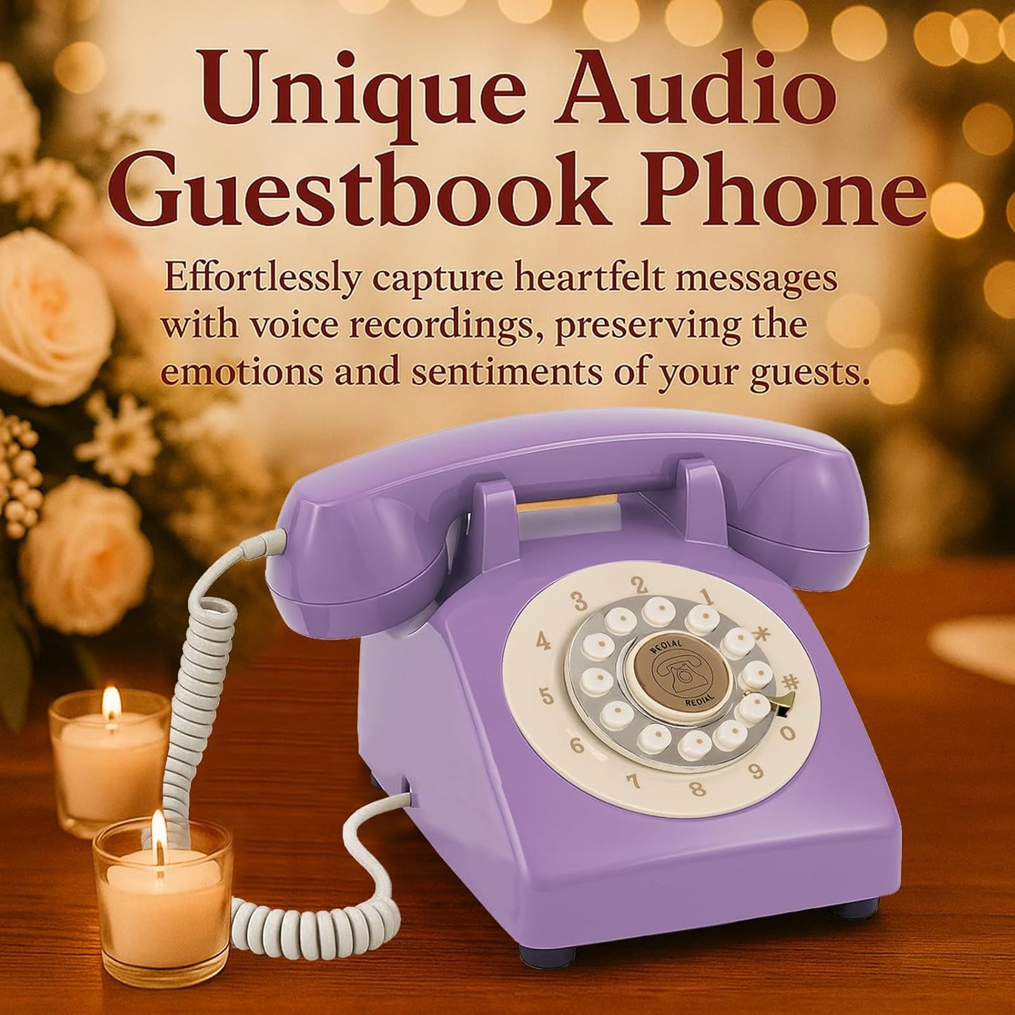 Audio Guest Book Wedding Phone, Retro Audio Phone Guestbook with Clear Voice Recording for Wedding Reception, Bridal Shower, Birthday, Baby Shower, Anniversary, Engagement (Purple)
