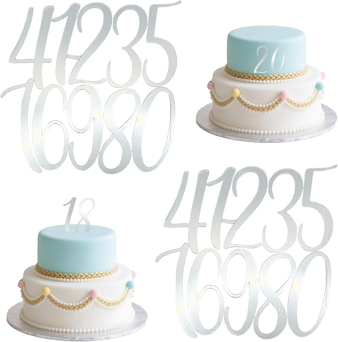 2 Sets Acrylic Number Cake Toppers - Silver Mirrored 0-9 Cake Decoration for DIY Wedding, Anniversary, Birthday & Party Decoration