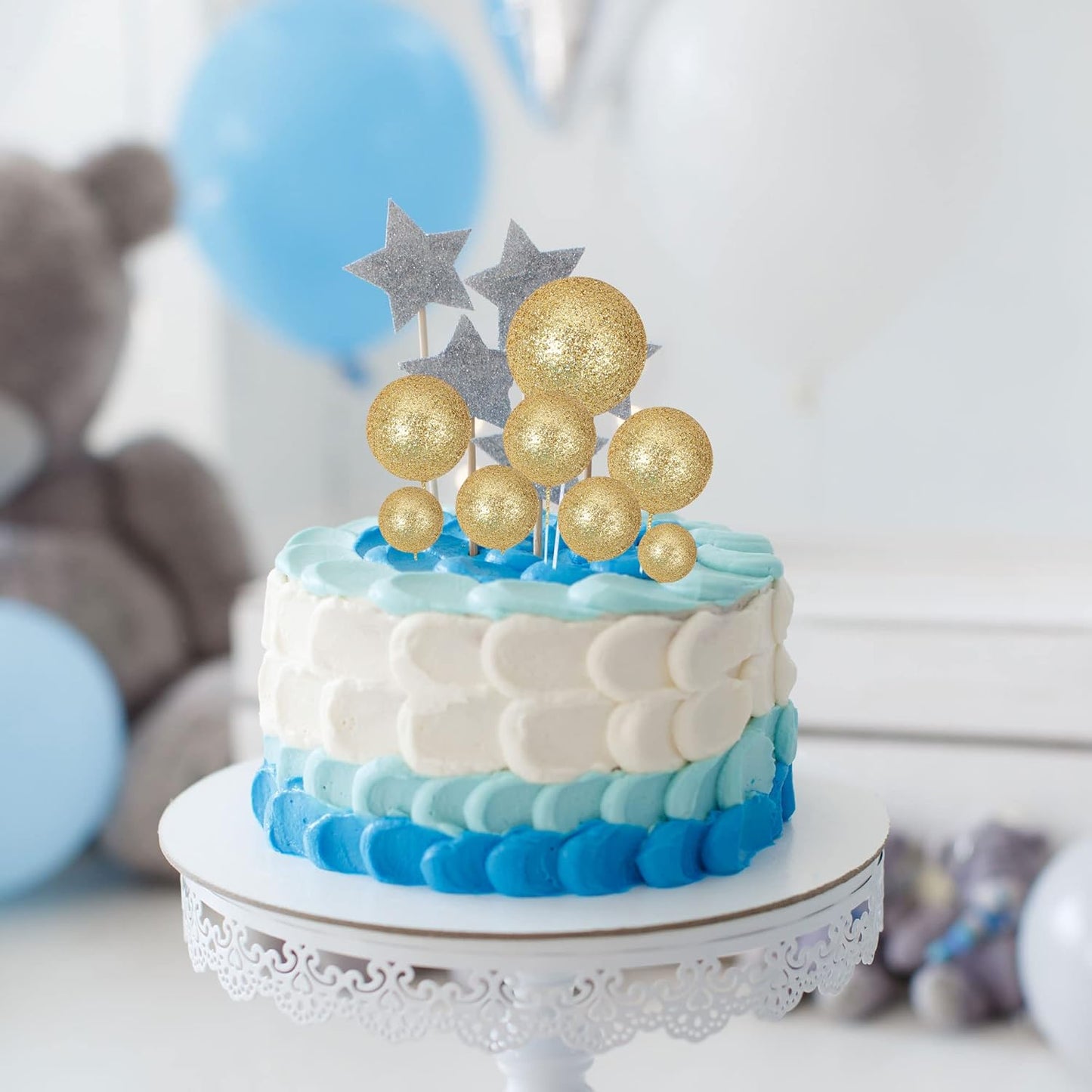 30Pcs Balls Cake Topper Glitter Foam Ball Cake Picks Mini Balloon DIY Cake Insert Topper Decoration for Baby Shower Wedding Anniversary Kids Birthday Graduation Party Cake Decorations Gold
