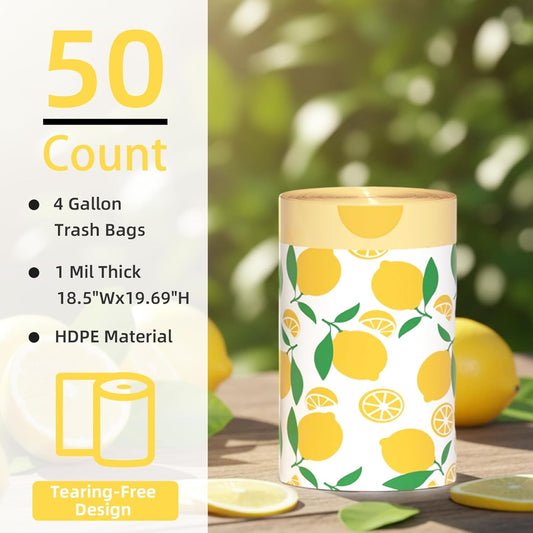 4 Gallon Small Trash Bags Drawstring,4 Gal Trash Can Liners,Small Bathroom Garbage Bags Scented,Tear Resistant Garbage Bags,50 Count Trash-Can-Liners (Lemon)