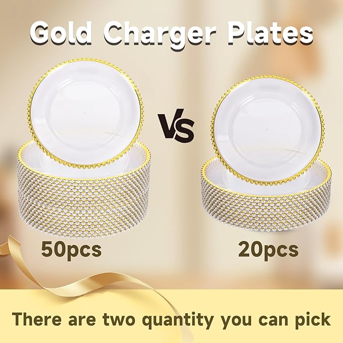 EI 13 Inch Gold Charger Plate,50pcs Clear Charger Plates with Gold Rim,Disposable Chargers Plate,Plastic Chargers Plates for Dinne Family Party and Wedding