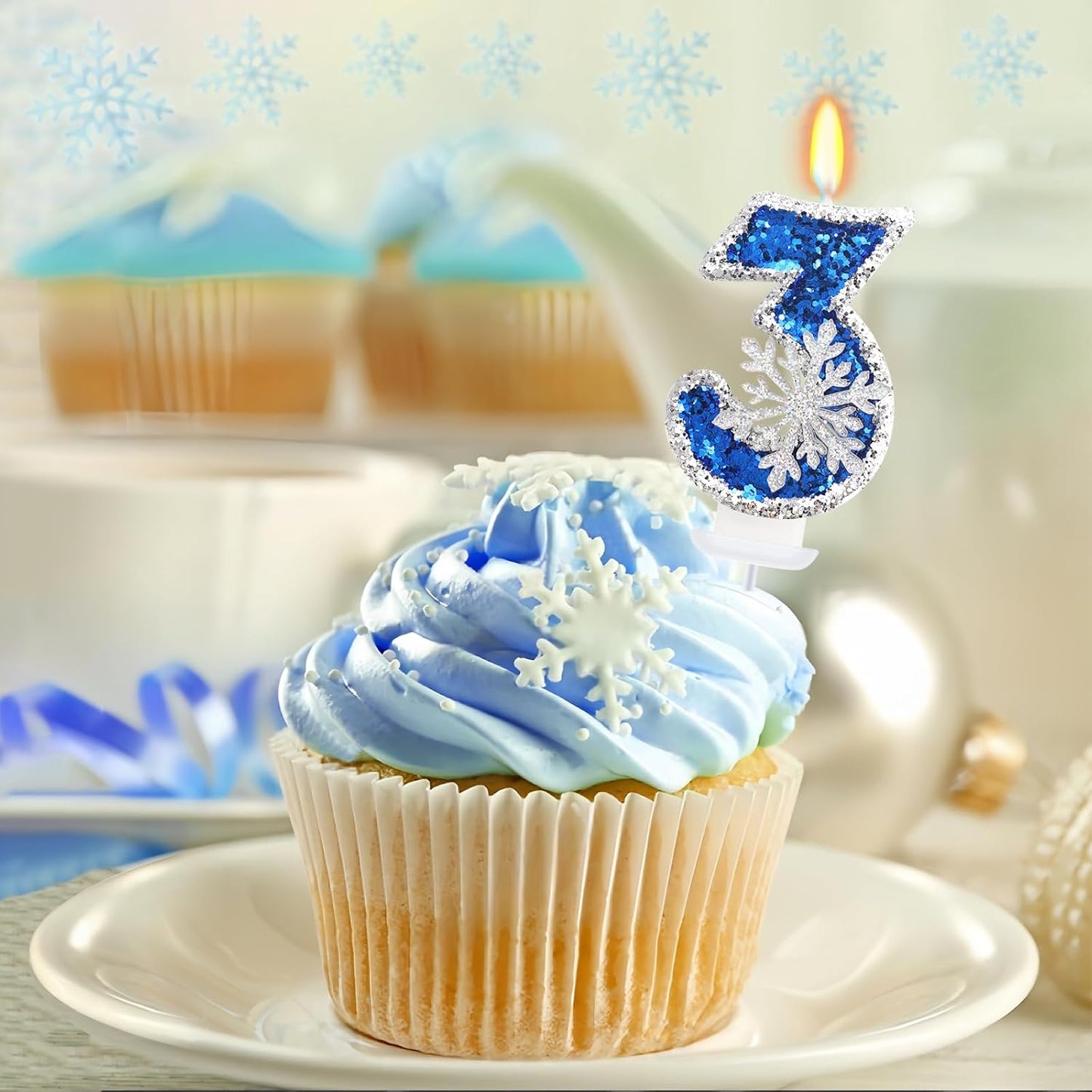 Frozen Themed Birthday Decorations, Snowflake Number 3 Candles for Kids Adults Birthday Party Supplies, 2.76 inch Glitter Cake Topper Decorations (Number 3)