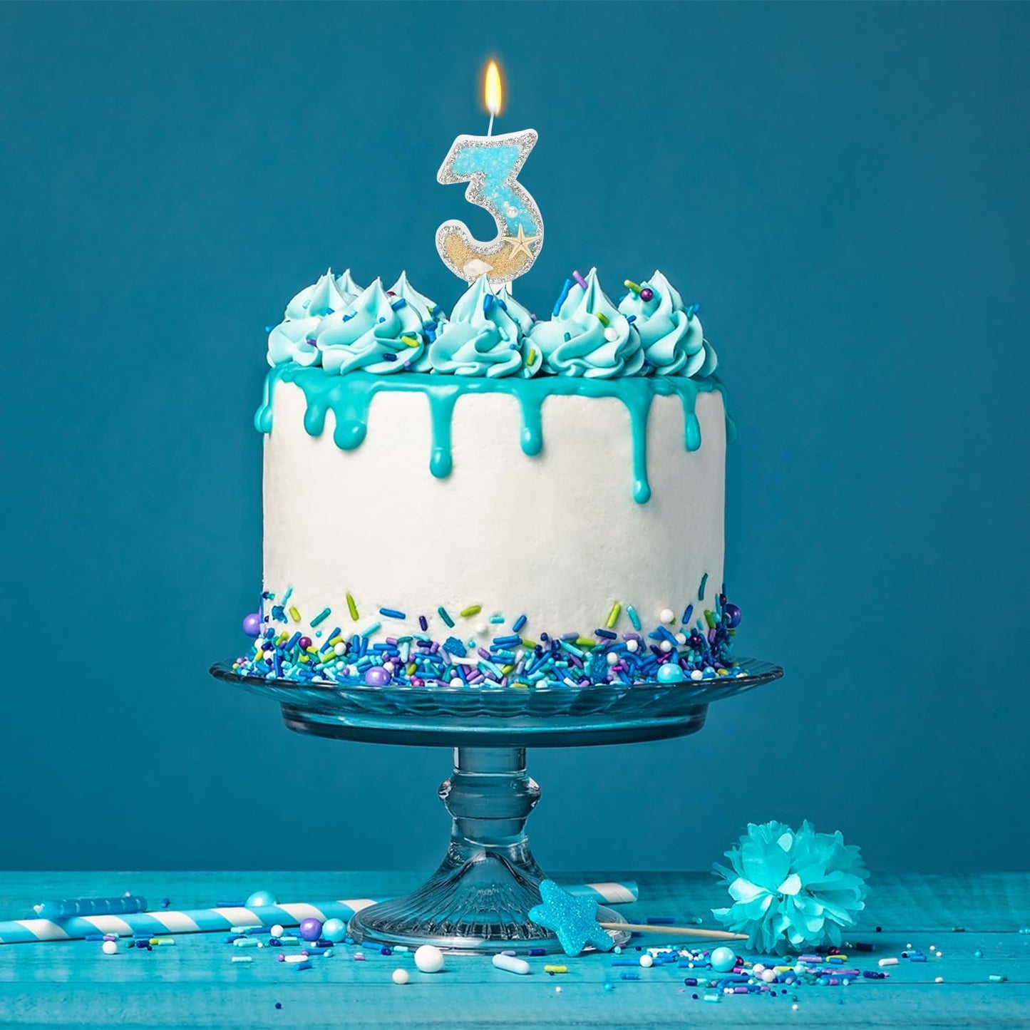 3rd Birthday Candle for Cake, Beach Starfish Sequins Candles, 2.76 inch Cake Topper Decoration for Birthday Party (Number 3)