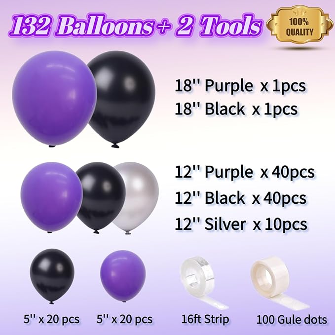 Black and Purple Balloons - 132pcs 18'' 12'' and 5'' Purple Black Balloon Arch Kit with Metallic Silver Balloons for Birthday Party Halloween Graduations Corporate Event and Gaming Night