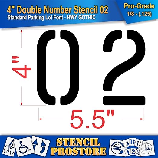 Pavement, Curb, and WheelStop Stencils - 4 inch Double Number Stencil - (02) - 4" x 5.5" x 1/8" (128 mil) - Pro-Grade