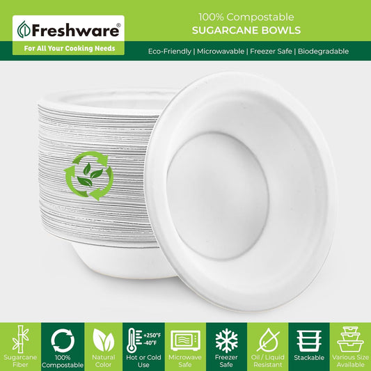 Freshware Paper Bowls - Disposable 16 oz. Soup Bowl, 125-Pack Biodegradable Sugarcane Fiber Serving Bowls - Heavy Duty Bagasse for Hot Food Plates - Microwave & Freezer Safe, Stackable Dinnerware