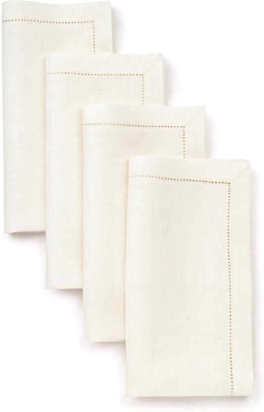 D'Moksha Homes Ivory Linen Napkins Set of 4 - Classic Hemstitch 100% Pure Linen Hemstitch Dinner Napkins 20 x 20 Inch for Fall, Autumn and Halloween - Handcrafted and Machine Washable