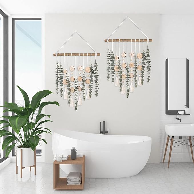 Bathroom Decor Artificial Eucalyptus Greenery Hanging Wall Decor Faux Eucalyptus Leaves Hanging Plant with Wooden Stick with Rustic Farmhouse for Bedroom Nursery Boho Home Decorations