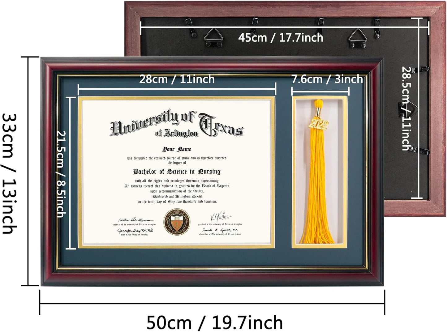 GraduationMall 11x17 Cherry Wood Diploma Frame with Tassel Holder for 8.5x11 Certificate Document,Real Glass,Navy Blue over Gold Mat