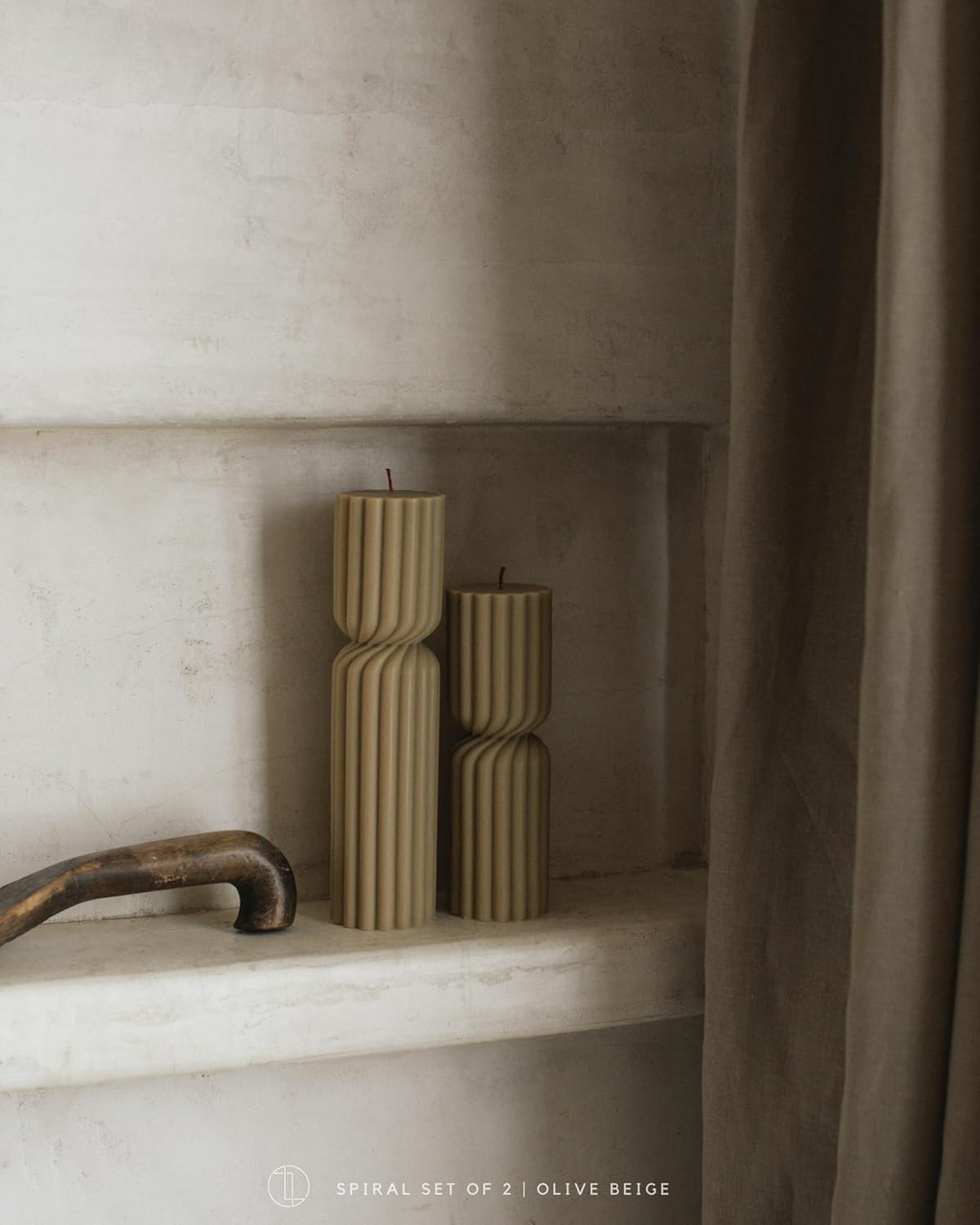 LAWA Spiral Spire Candle - Large Beautiful Handmade Pillar Scented Soy Wax Elegant Bubble Aesthetic Candle Housewarming Gift Home Room Shelf Decor Idea White (Set of 2, Olive Beige)