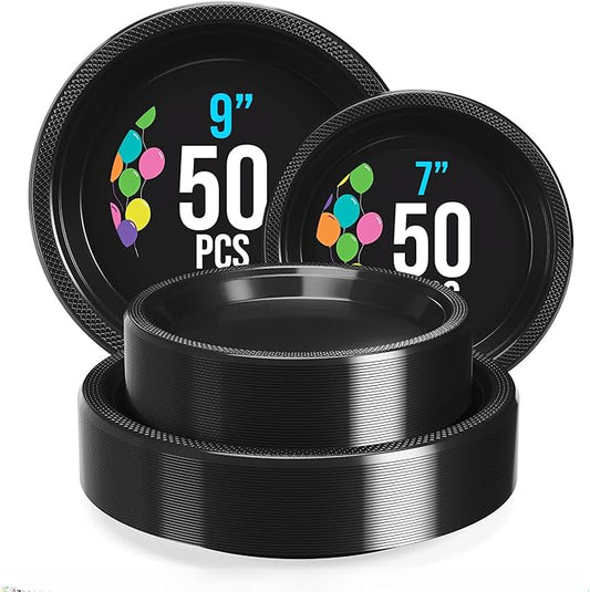 Party Solids Black Plastic Plates For Party Supplies, Black Disposable Plates 100 Pieces - 50-7" & 50-9" Heavy Duty 350 GSM Disposable Dinnerware Sets, Plastic Dinnerware Sets