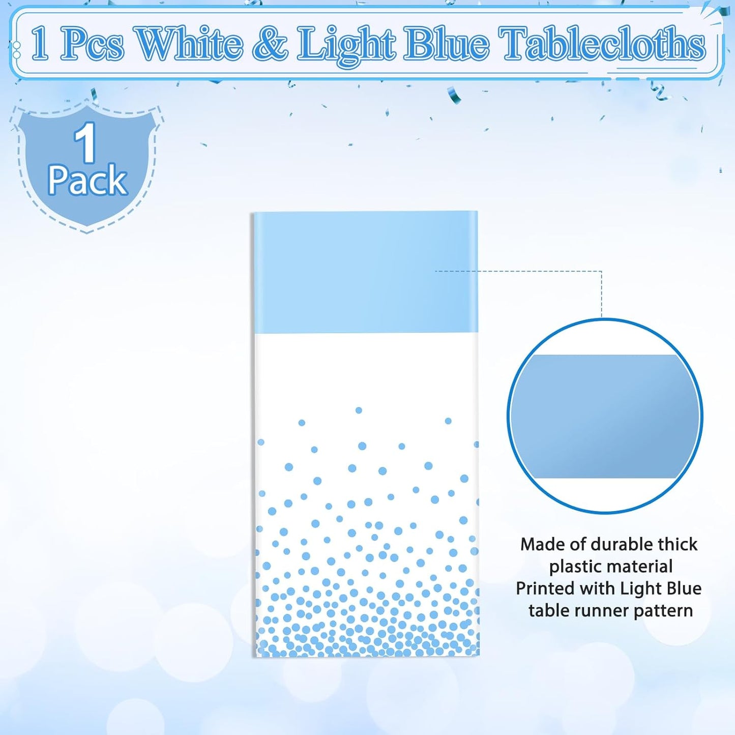 MASHAN 1Pcs White Light Blue Tablecloth Party Decorations,Plastic White Table Cloth Printed Baby Blue Table Runner Disposable Rectangle Cover for Birthday Baby Shower Wedding Party,54 x108 Inch
