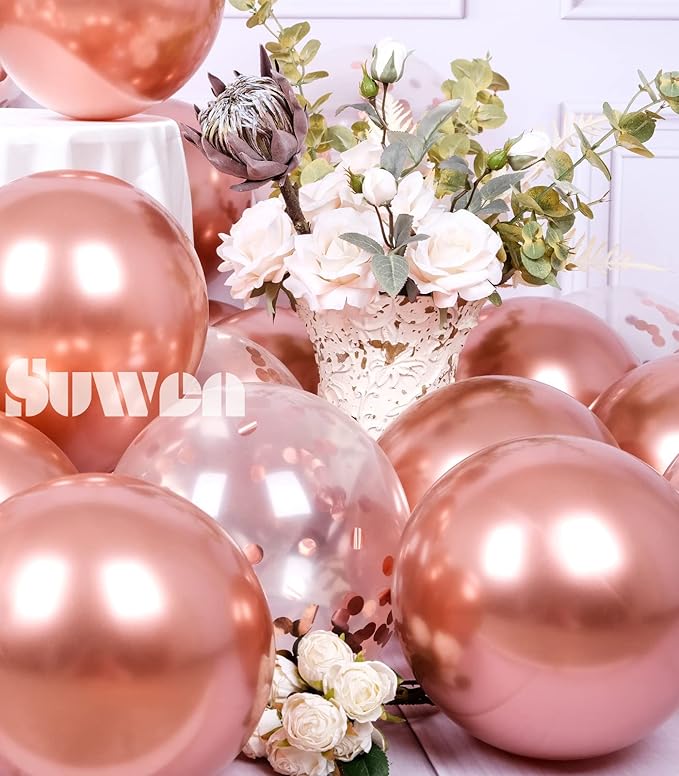 SUWEN Metallic Rose Gold Balloons and Confetti Balloons Set 47PCS Latex Helium Chrome Rose Gold Balloon for Birthday Wedding Anniversary Party Decorations