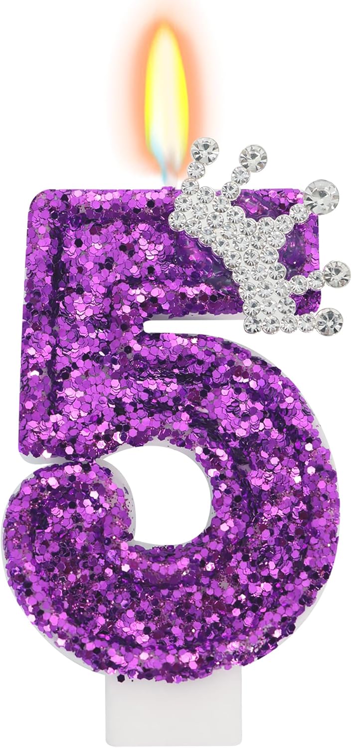 Birthday Candle for Cake, Crown Purple Number Candles, 2.76 inch Cake Topper Decoration for Birthday Party (Number 5)