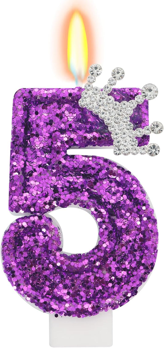Birthday Candle for Cake, Crown Purple Number Candles, 2.76 inch Cake Topper Decoration for Birthday Party (Number 5)