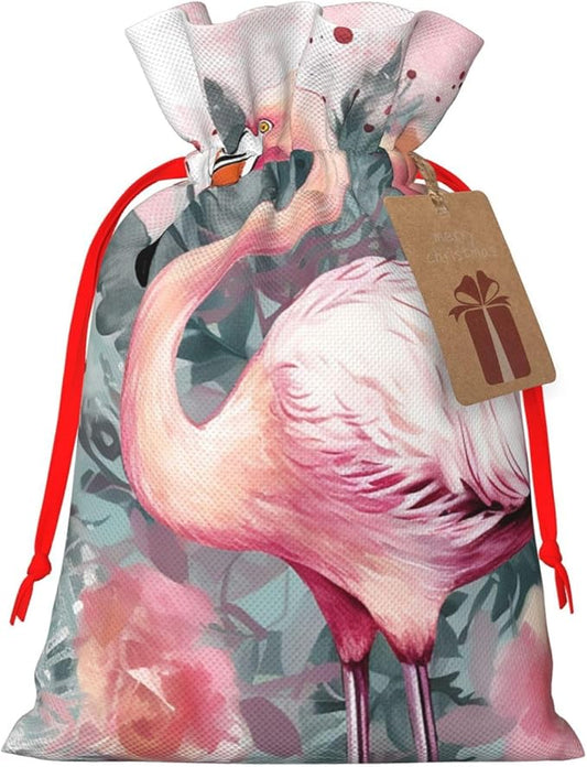 QSMJKLD Drawstring Christmas Gift Bags Vintage Boho Flamingo Florals Gift Bag Burlap Xmas Candy Pouch Reusable Christmas Wrapping Bag Xmas Party Favor Bags for Holiday Wrapping Presents Small
