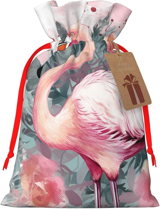 QSMJKLD Drawstring Christmas Gift Bags Vintage Boho Flamingo Florals Gift Bag Burlap Xmas Candy Pouch Reusable Christmas Wrapping Bag Xmas Party Favor Bags for Holiday Wrapping Presents Medium
