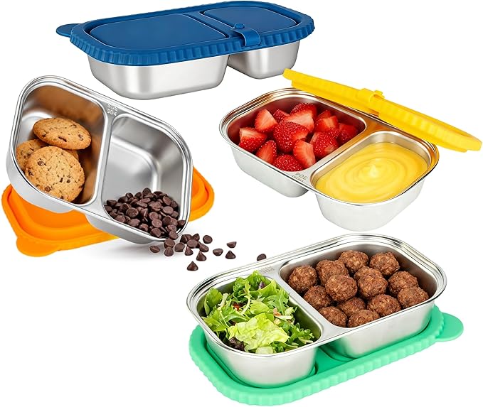 HI-REEKE 13 OZ Stainless Steel Snack Containers with Lids, 4 PCS Reusable Double Compartments Metal Snack Packs for Sauce