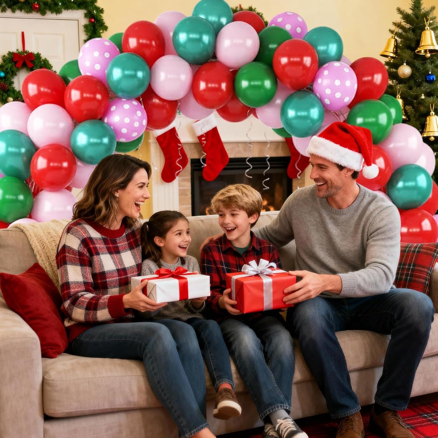 Christmas Balloons, Red Pink Green Balloons with Pink Polka Dots Print Balloon, Pearl Turquoise Blue Dark Green Xmas Party Balloon for Christmas Birthday Carnival New Year Holiday Party Decorations