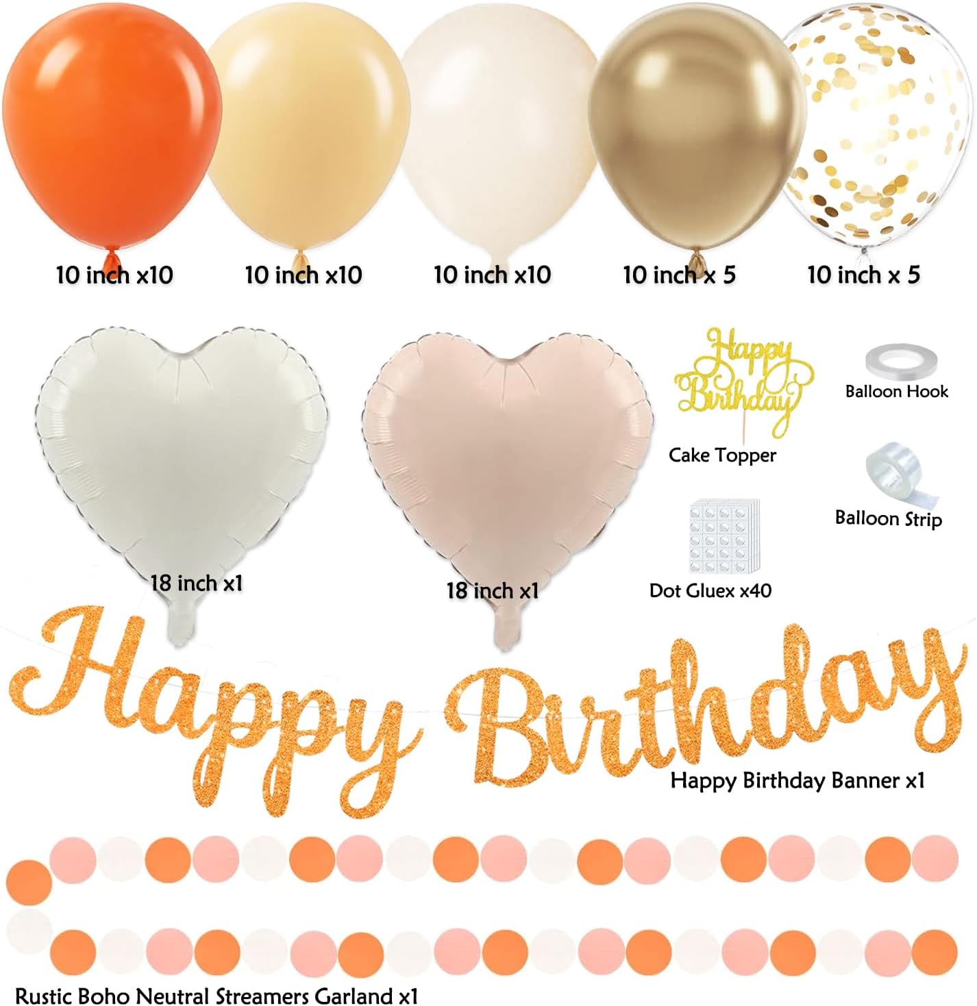 Orange-Peach Fall Boho Birthday Party Decorations - 62pcs Happy Birthday Banner, Beige Rustic Paper Lanterns, Streamers, Tissue Pom Poms, Burnt Orange Apricot Party Balloons, Fall Backdrop Decor
