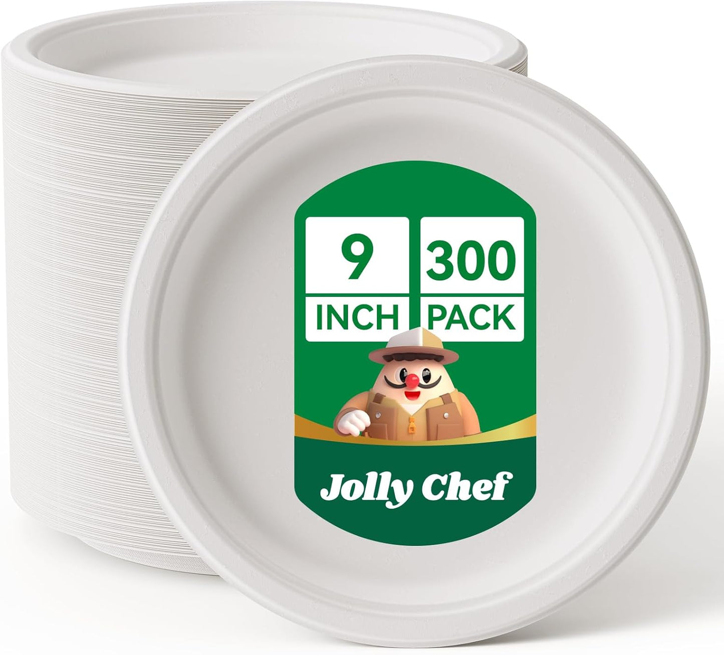 JOLLY CHEF Compostable Heavy Duty Plates 9 Inch [300 Pack] Eco-Friendly Disposable Natural Paper Plates Bagasse Biodegradable Bulk for Party Dinner Sugarcane Fibers Thanksgiving Day(White)