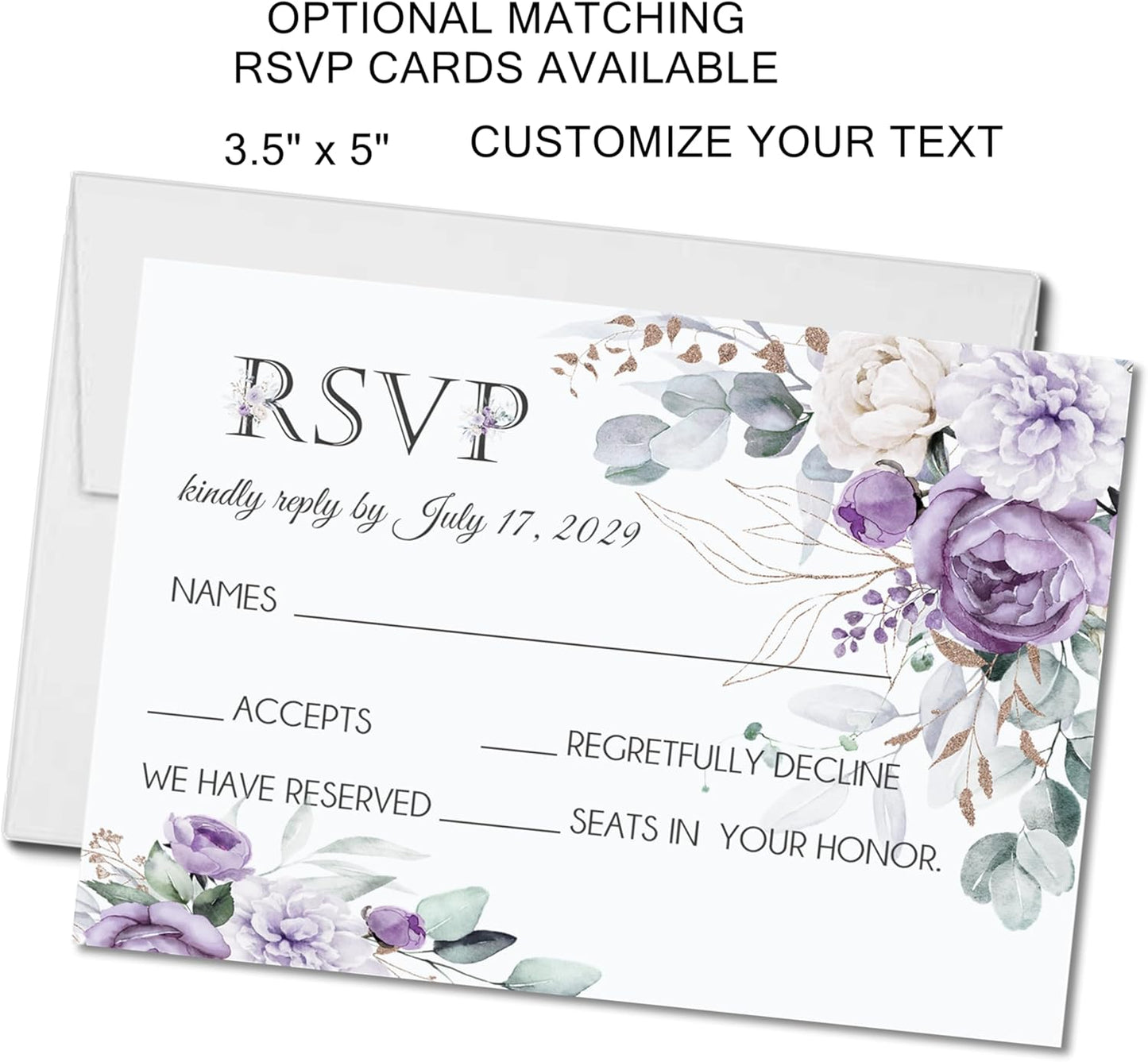 Lavender & Purple Rose Wedding Invitations, Boho Garden, Personalized, Set of 12 Invitations with Envelopes