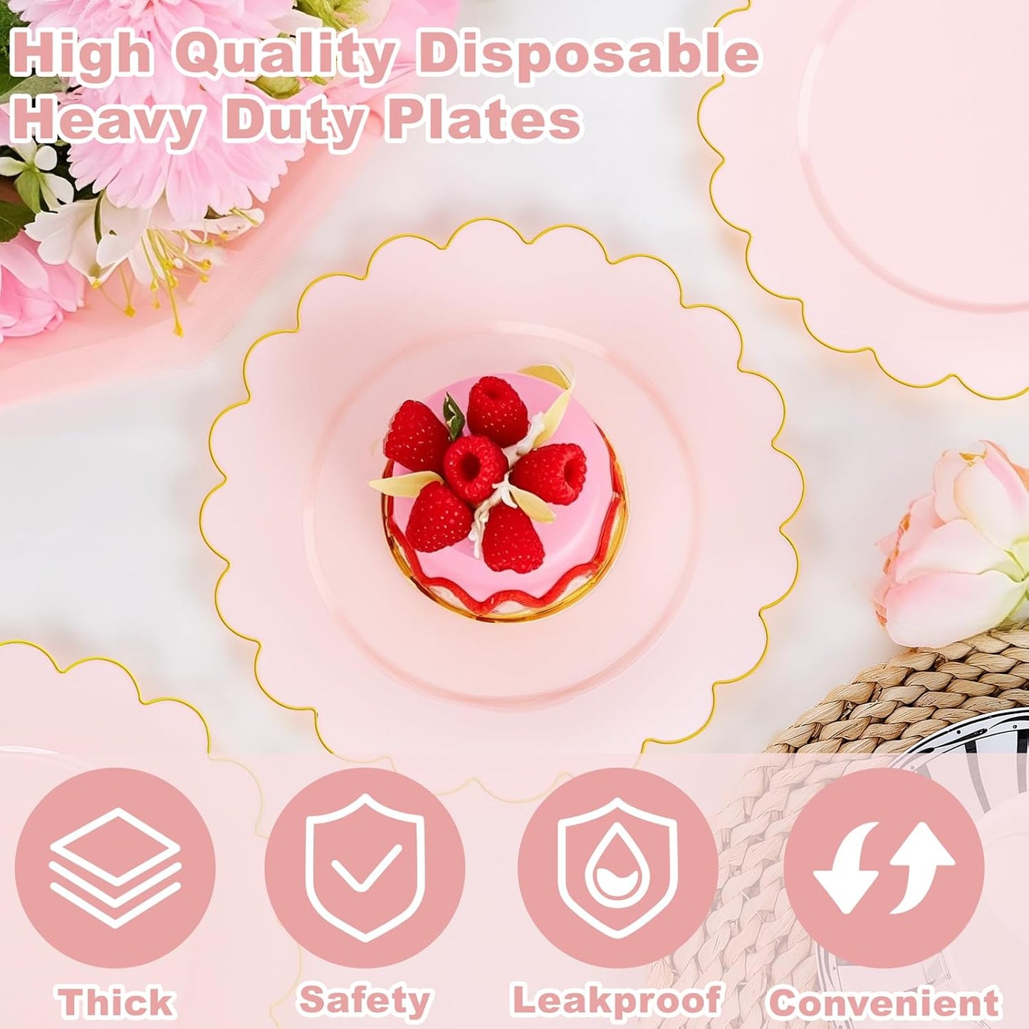 LIYH 100 Pcs 7.5" Pink Plastic Plates with Gold Disposable Pink Dessert Plates Gold Plastic Plate,Baby Shower Plate Set Suitable for Weddings Bridal Showers Afternoon Tea