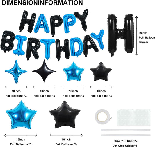 TONIFUL 35PCS Black Blue Happy Birthday Decorations Kit 16 Inch Happy Birthday Balloon Banner with Star Balloons Mylar Foil Birthday Party Decorations Supplies for Men Women Adults Girls Boys Kids