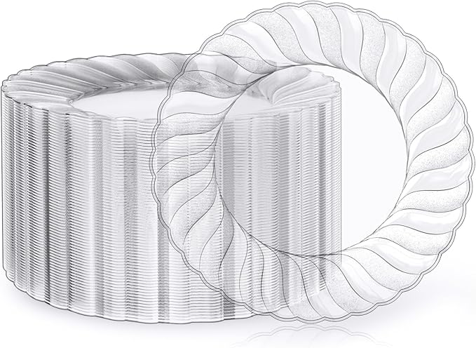FOCUSLINE 100 Count Clear Plastic Plates 9 Inch, Disposable Heavy Duty Dinner Plates- Premium Hard Plastic Plate Fancy Disposable Clear Plates for Weddings, Parties and Events