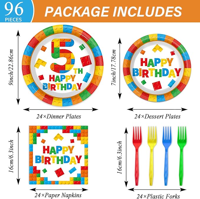 96 Pcs Building Blocks 5th Birthday Paper Plates and Napkins Building Bricks 5th Happy Birthday Tableware Set Brick Theme Party Disposable Plates Set for Boys Kids 5 Years Old Party Decorations