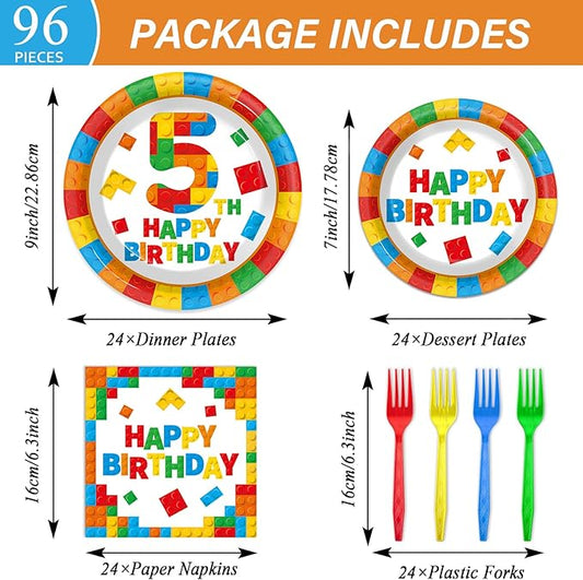 96 Pcs Building Blocks 5th Birthday Paper Plates and Napkins Building Bricks 5th Happy Birthday Tableware Set Brick Theme Party Disposable Plates Set for Boys Kids 5 Years Old Party Decorations