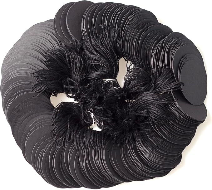 500Pcs Pre-Tied Round Hang Tags, 2" x 2" Blank Price Tags with String Attached, Display Label for Holiday Arts Crafts(Black)