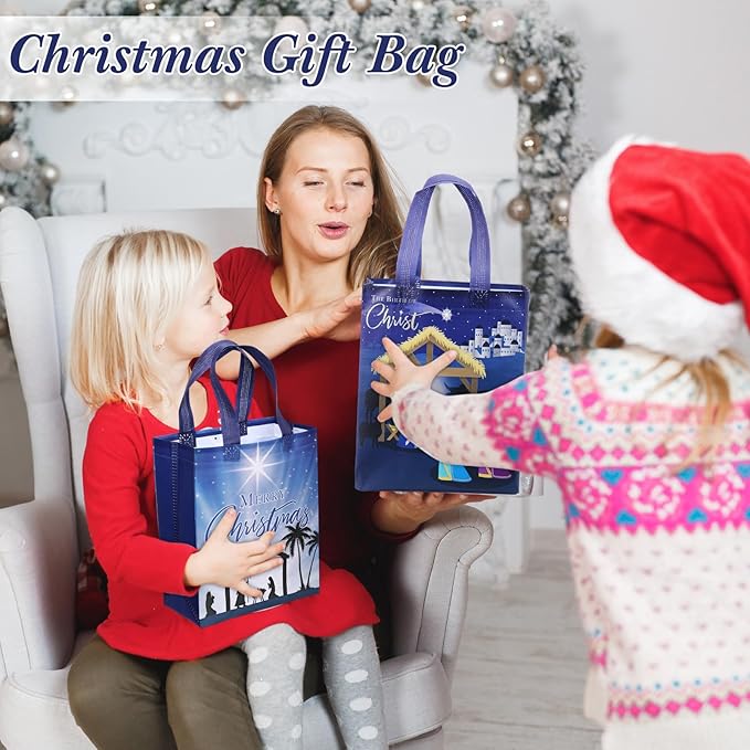Wesnoy 24 Pcs Christmas Nativity Bags Bulk 10 x 8 x 4 Inch Christmas Jesus Non Woven Gift Bags with Handles Holy Night Religious Decoration Gift Packaging Reusable Christian Supplies for Xmas