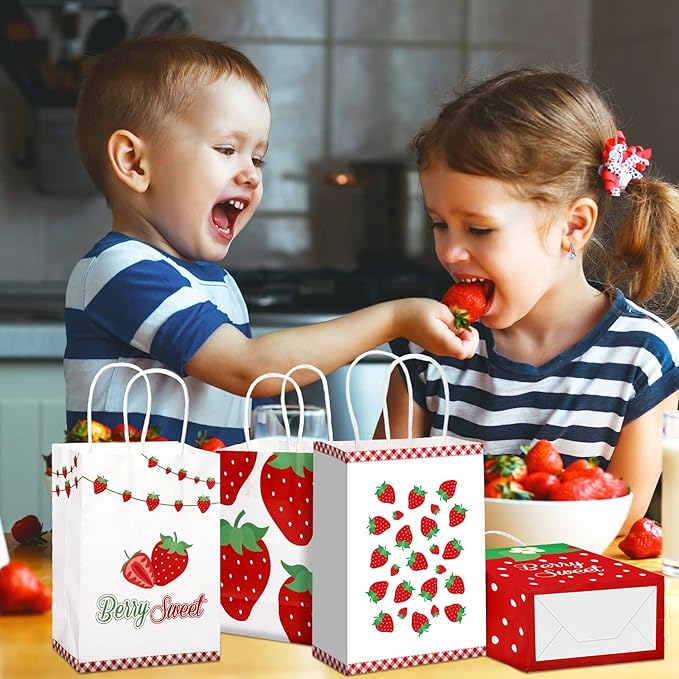 Outus 24 Pcs Strawberry Party Favor Bags Summer Strawberry Gift Goodie Paper Bags with Handles Red Berry Sweet Candy Treat Pouch for Berry First Birthday Party Decorations Supplies