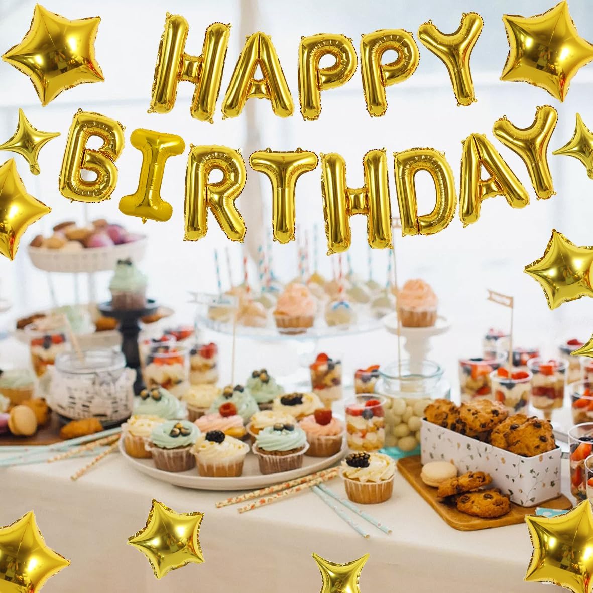 TONIFUL 35PCS Gold Happy Birthday Decorations Kit 16 Inch Happy Birthday Balloon Banner with Star Balloons Mylar Foil Birthday Party Decorations Supplies for Men Women Adults Girls Boys Kids